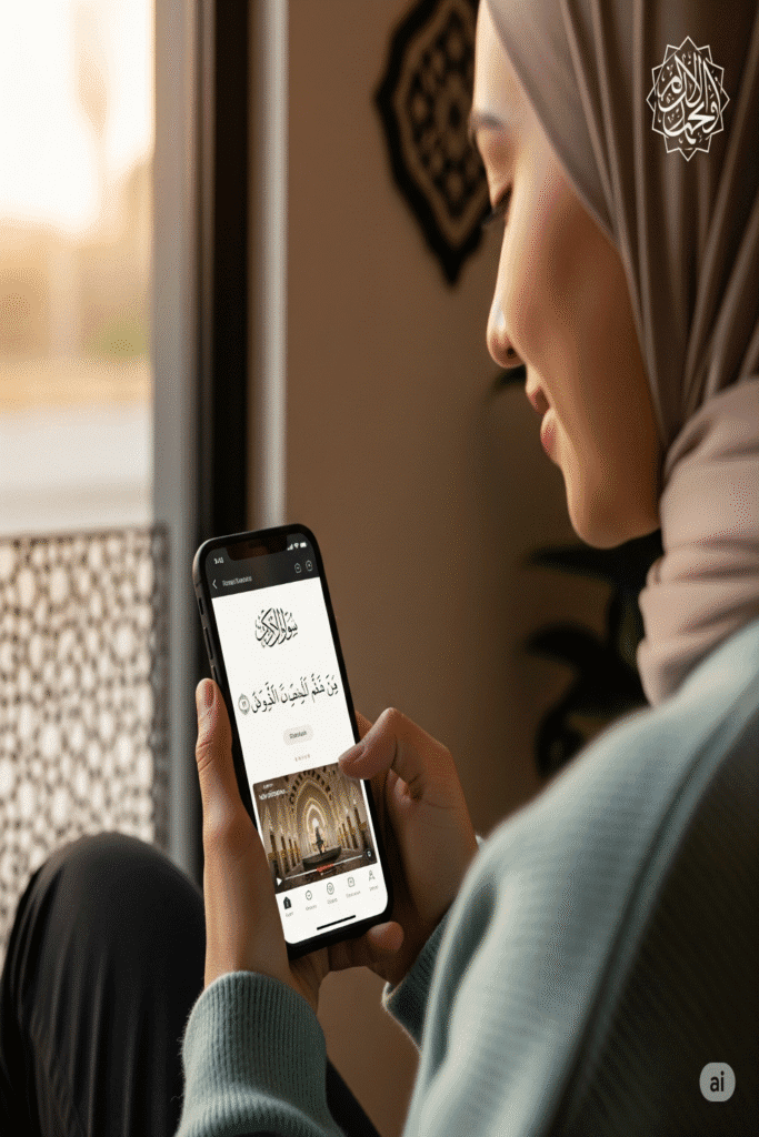 A young Muslim woman wearing a hijab smiles as she engages with a Quran learning app on her smartphone, representing the concept of a Quran class online in a peaceful and modern setting.