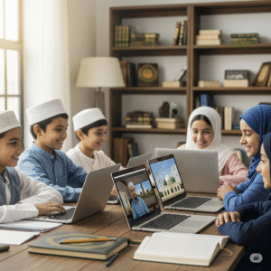 A group of Muslim children attending an online madrassa for kids, sitting around a table with laptops, smiling and engaged in a virtual Islamic class, surrounded by books and natural light in a study room.