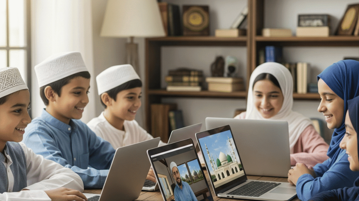 A group of Muslim children attending an online madrassa for kids, sitting around a table with laptops, smiling and engaged in a virtual Islamic class, surrounded by books and natural light in a study room.
