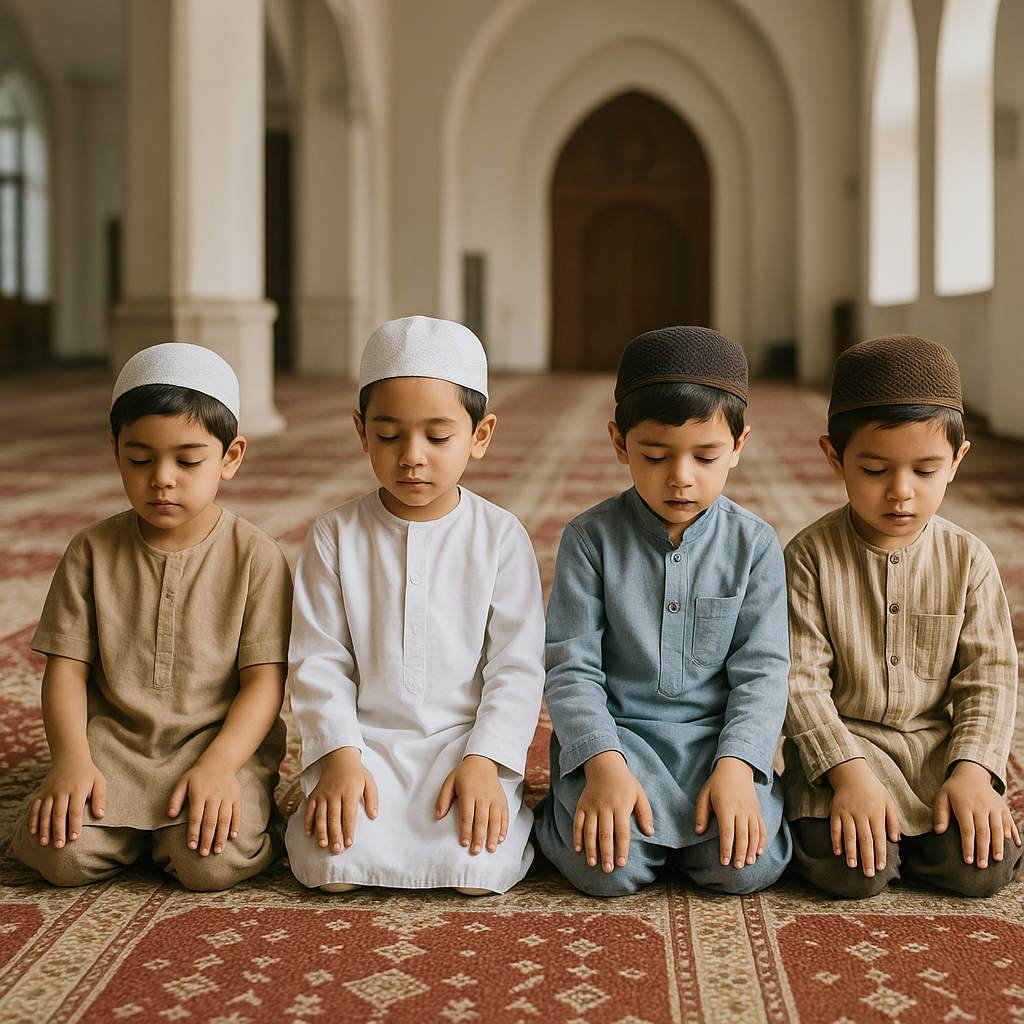 Young boys performing salah prayer in a mosque, sitting in Jalsa on red prayer rugs with soft natural light