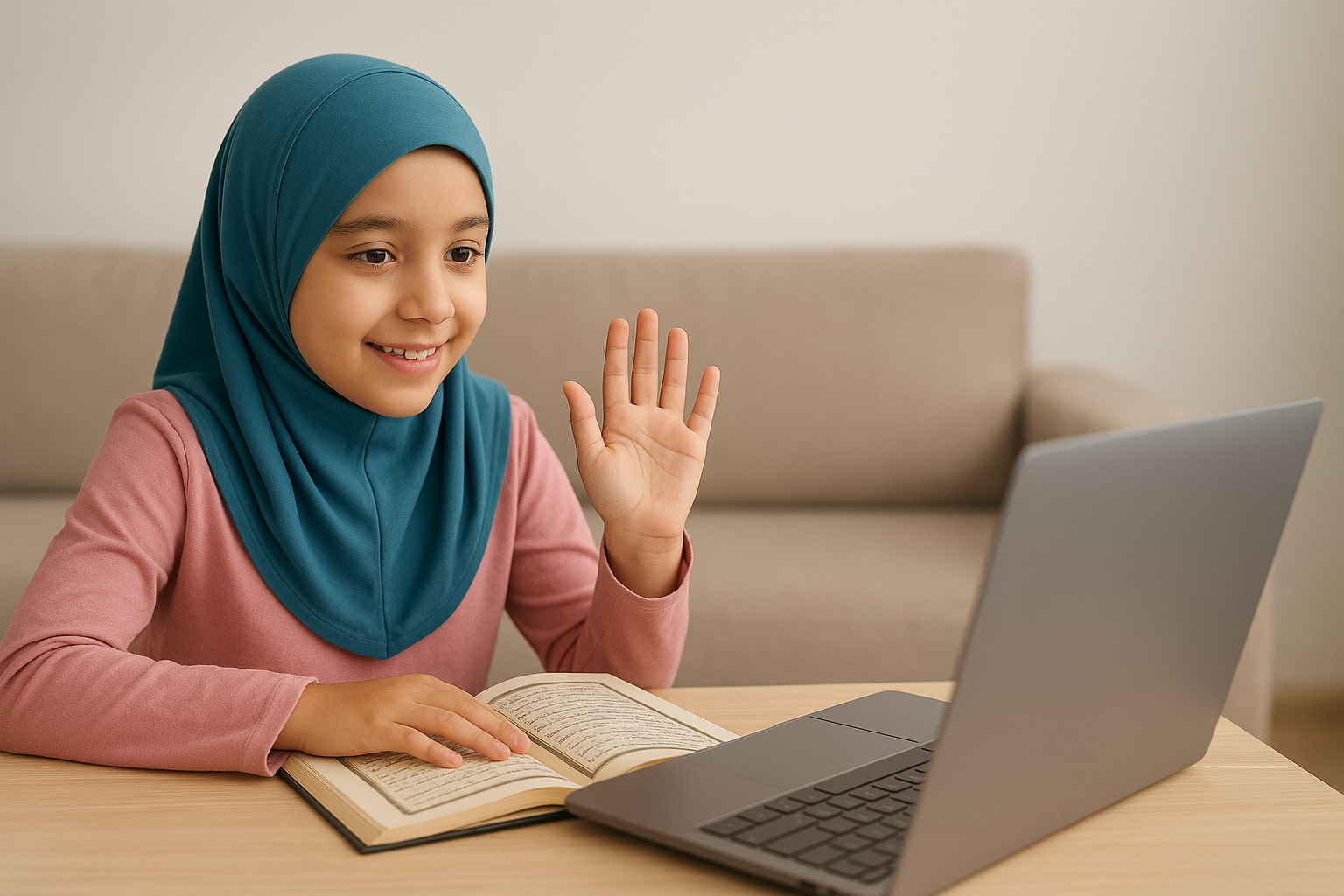 A young girl attending an online Quran class at an Islamic online school, learning interactively from home