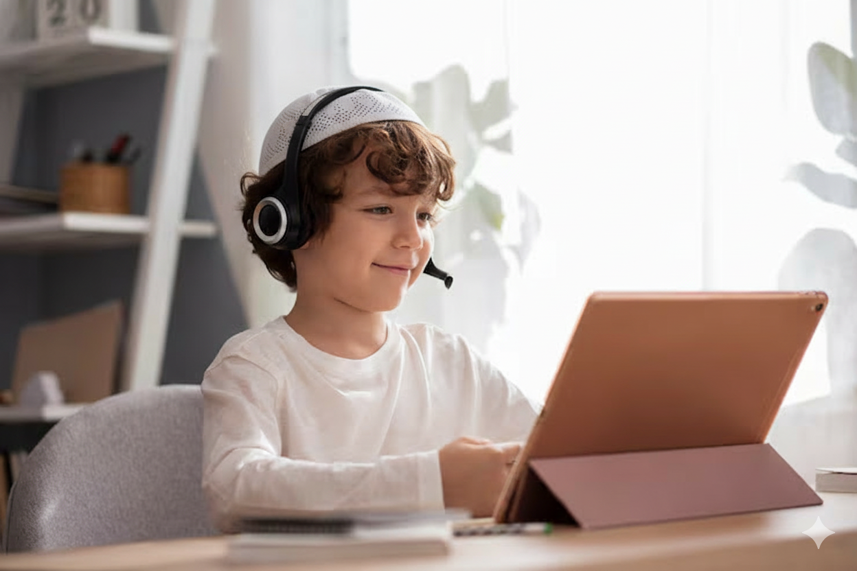 Child with headphones smiling at a laptop, hearing virtual madrassa