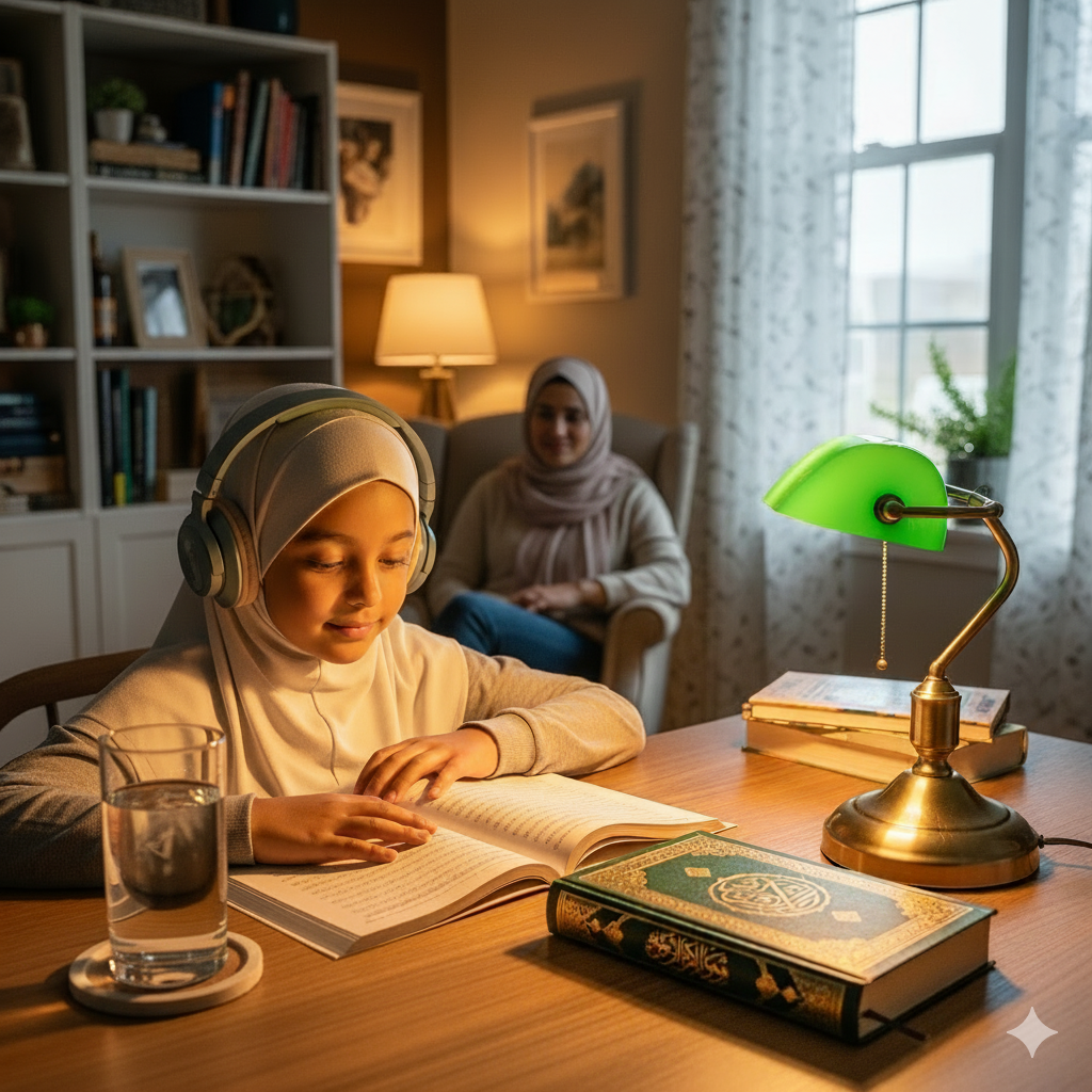 a child learning online in a peaceful room with subtle Islamic decor with parent near