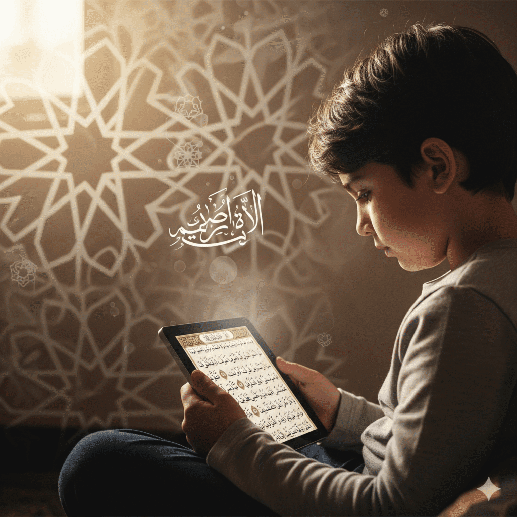 A student reciting Quran on a tablet with soft Islamic geometric patterns in the background, symbolizing tech and tradition together.