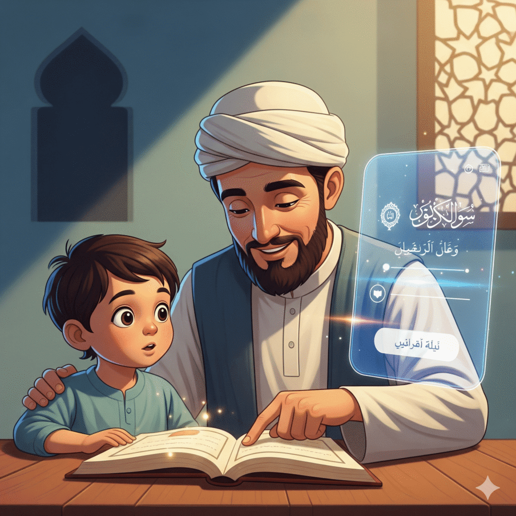 An illustration of a scholar guiding a child while a subtle AI interface
