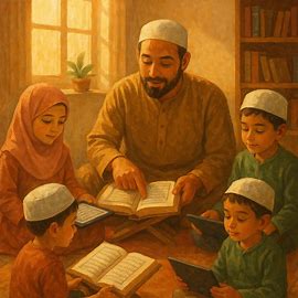 A parent and child attending a live Quran class