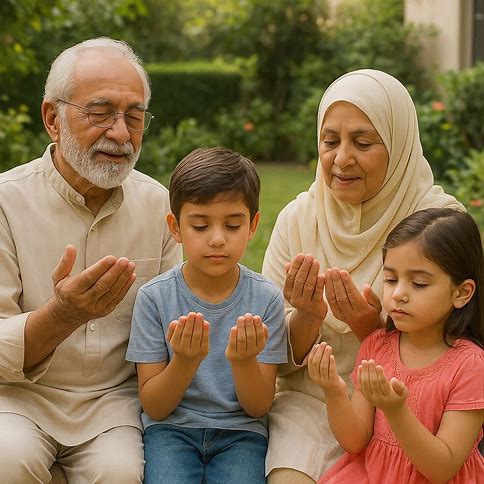Generational Bond: Grandparents teaching duas to grandchildren in a garden or at home.
