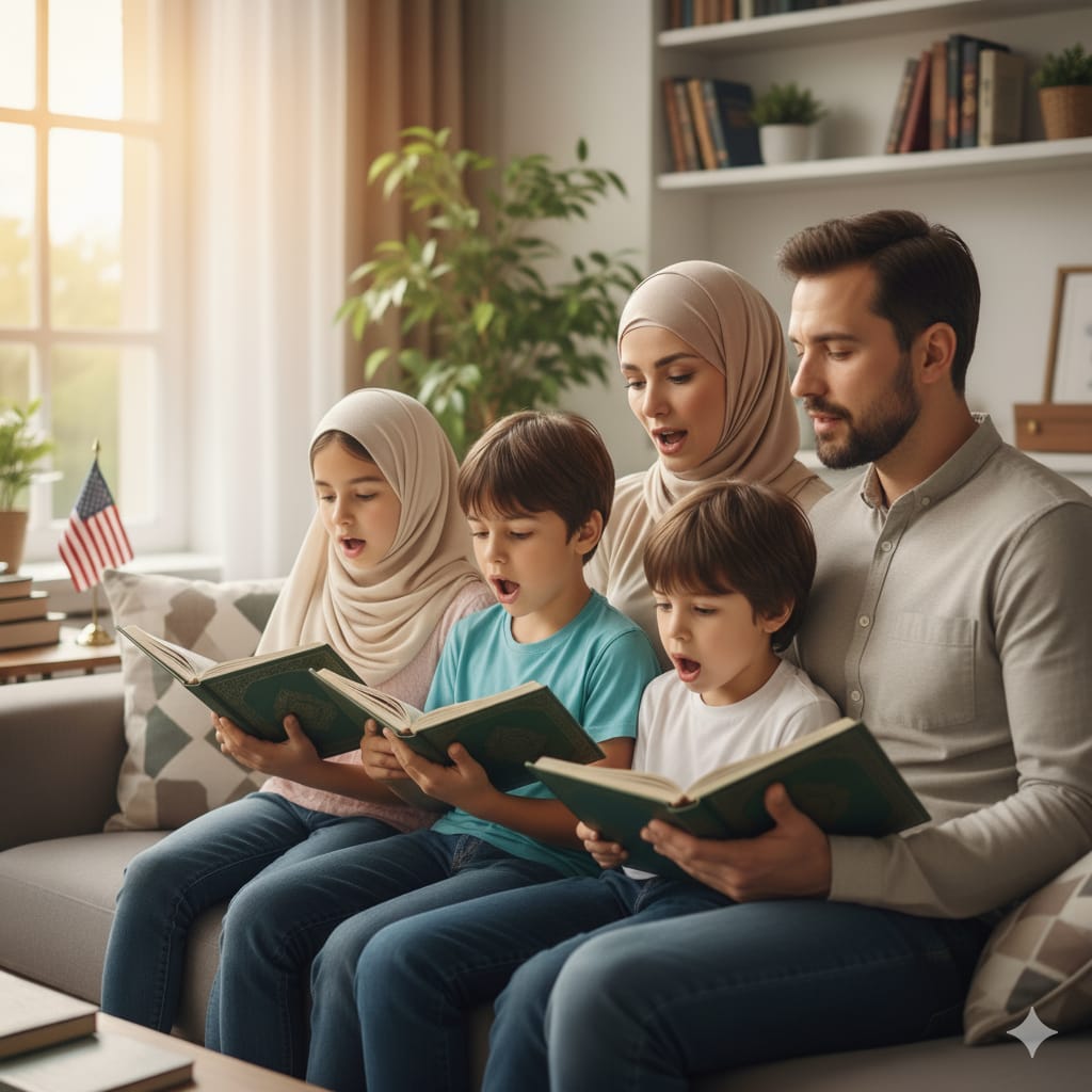 Reading Quran with family together during Online Quran Classes for Kids at home