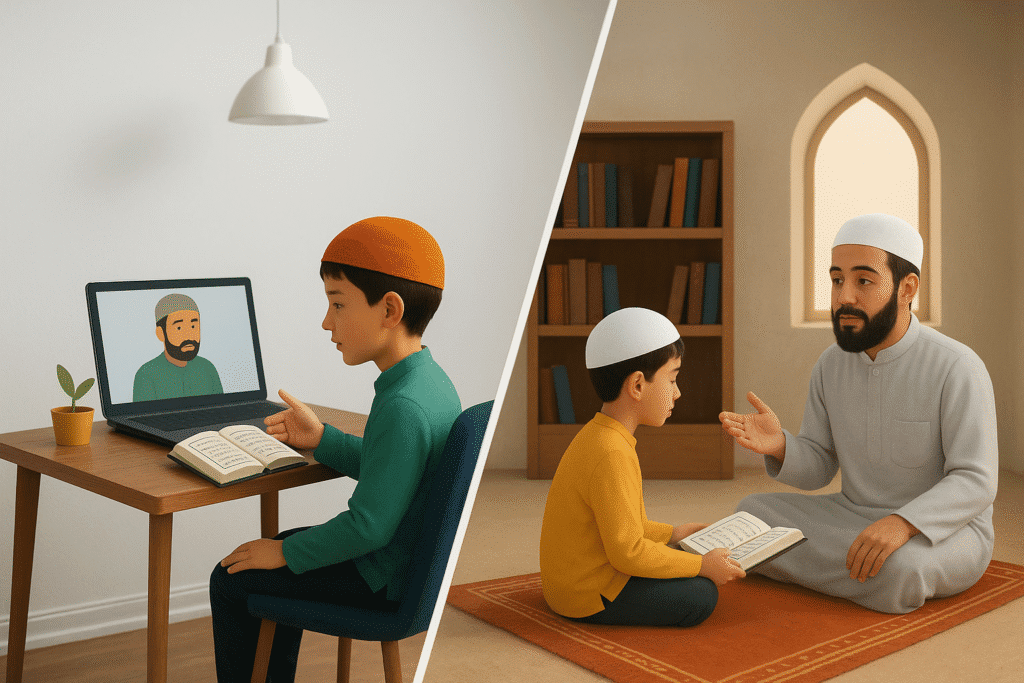 A child learning Quran through an online madrassa on a laptop compared with another child studying in a traditional madrassa with a teacher face-to-face