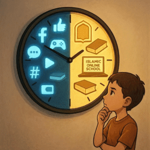Clock showing the balance between screen time and Islamic online school learning