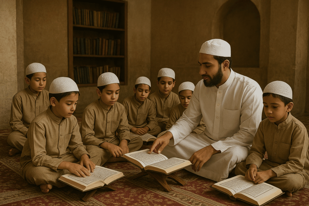 A traditional madrasa classroom where a group of young boys sit on the floor with Qurans, learning from their ustad in a peaceful setting