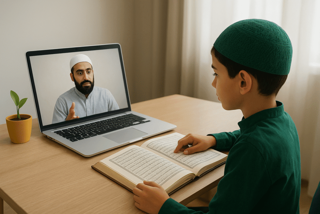 A student attending a virtual madrassa class on a laptop, learning Quran online with a teacher visible on the screen in a modern home setting