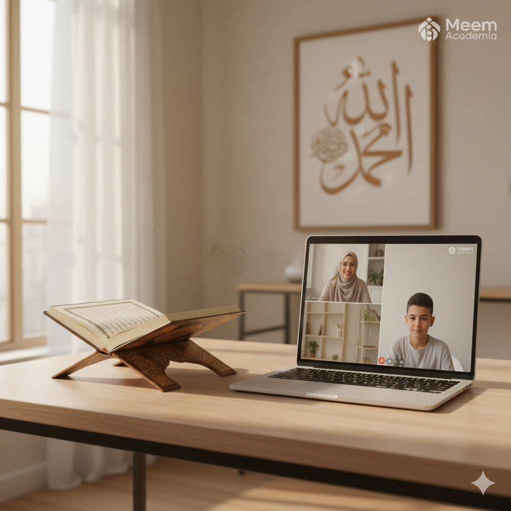 Online Quran Academy in UAE. Student learning Quran online through laptop – Meem Academia, trusted Online Quran academy in UAE.