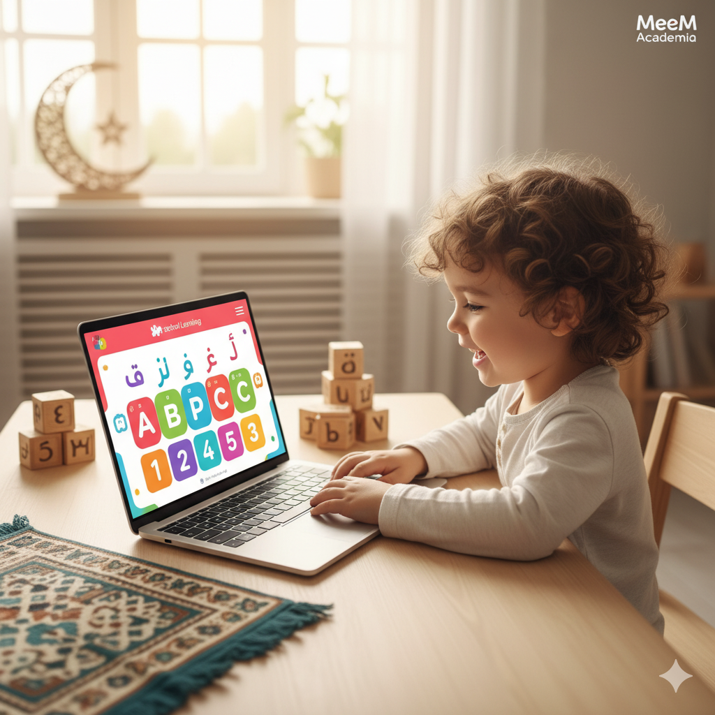 Child attending online Islamic preschool with MeeM Academia, learning Arabic and English letters through fun lessons.