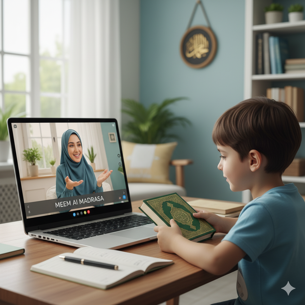 A young Muslim boy attends an online Quran class on his laptop as part of the AI Madrasa Texas program, learning Islamic studies and Arabic from a live tutor in a modern digital classroom.