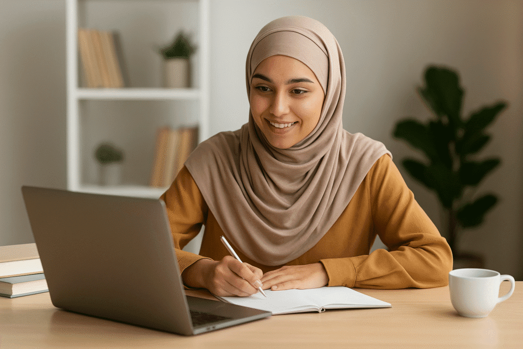 A Muslim woman studying online for her Islamic degree in New Jersey, taking notes while attending an Islamic studies class on her laptop