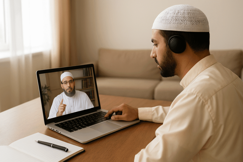 A Muslim man in traditional attire attentively studying an online Islamic class on his laptop at home, representing MeeM Academia’s Islamic Degree UAE program for gents.