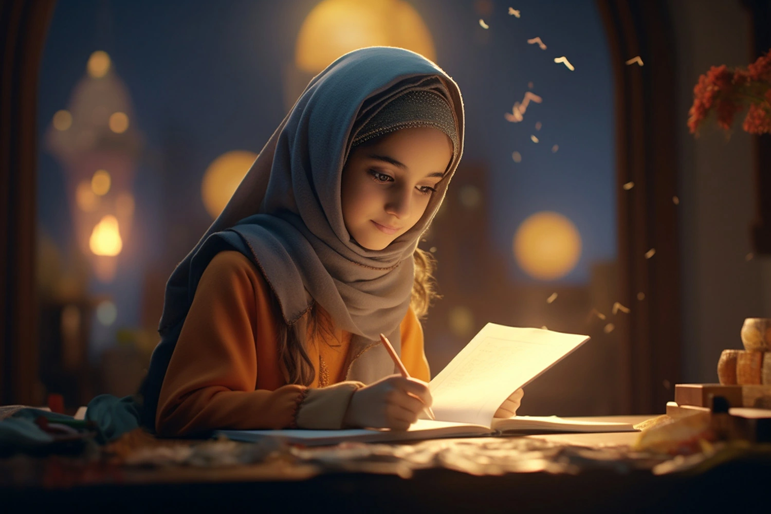 Young girl in hijab studying with a warm light and magical ambiance