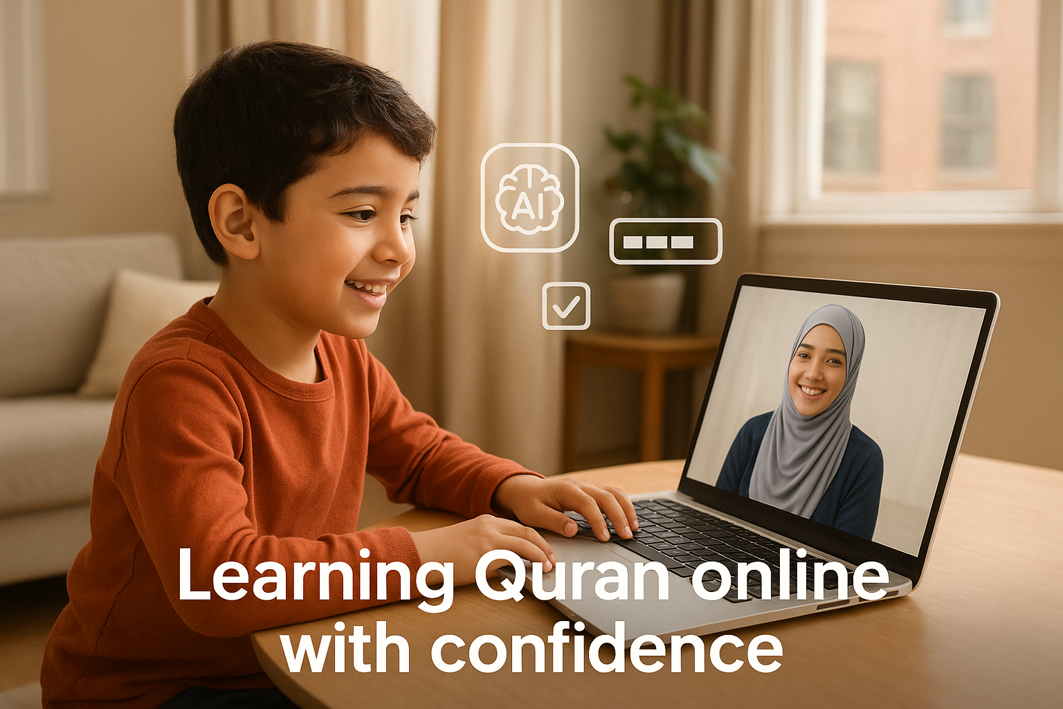 A young boy learning the Quran through a laptop with an online tutor, symbolizing AI-assisted Quran learning in a New York home — representing Online AI Quran Classes in New York.