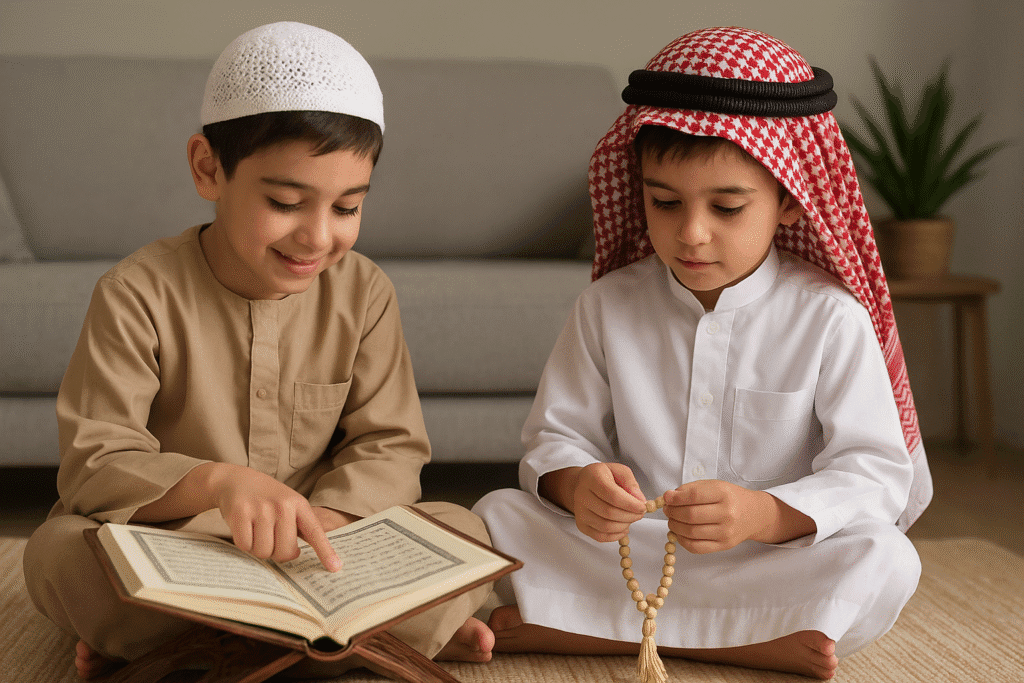 Two young Muslim boys in the USA engaged in online Islamic learning, one reading the Quran while the other holds prayer beads, symbolizing family participation in faith-based education — perfect representation of online Islamic learning USA