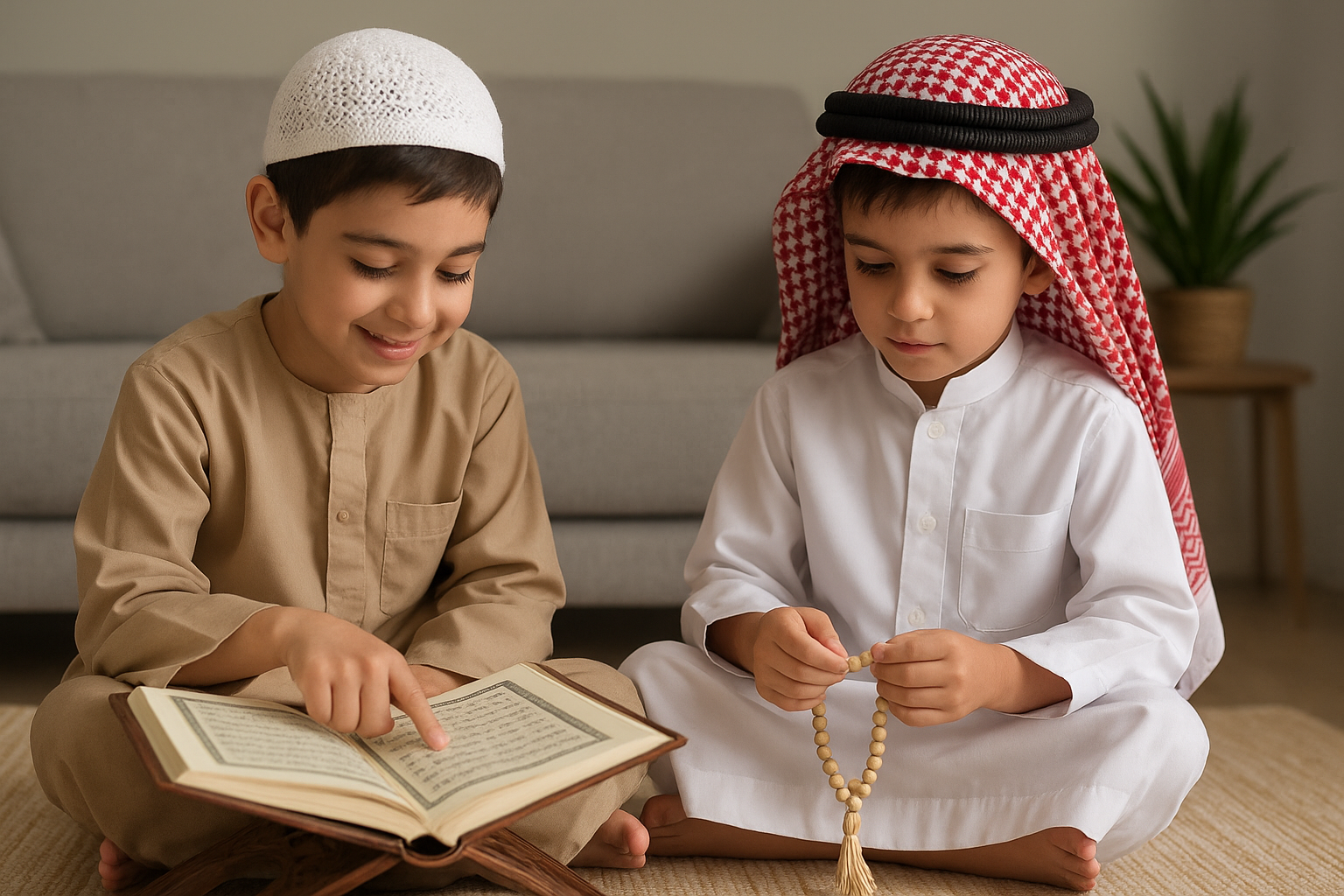online islamic learning USA Two young Muslim boys in the USA engaged in online Islamic learning, one reading the Quran while the other holds prayer beads, symbolizing family participation in faith-based education — perfect representation of online Islamic learning USA