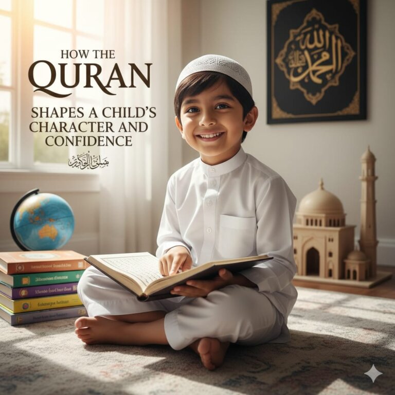 A young Muslim child confidently reciting the Quran with proper manners, reflecting character building in Islam through faith and good conduct.
