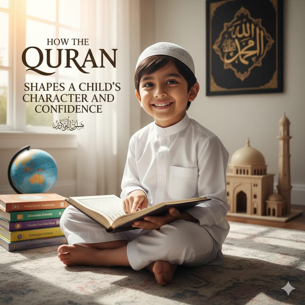 A young Muslim child confidently reciting the Quran with proper manners, reflecting character building in Islam through faith and good conduct.