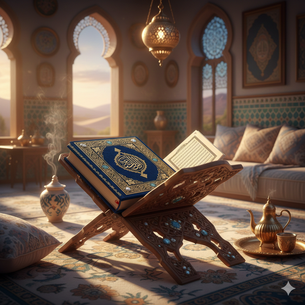 Open Qur’an placed on a prayer mat symbolizing Islamic learning and Quran education