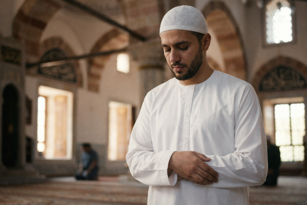 Muslim man reciting surathul fathiha while performing salah