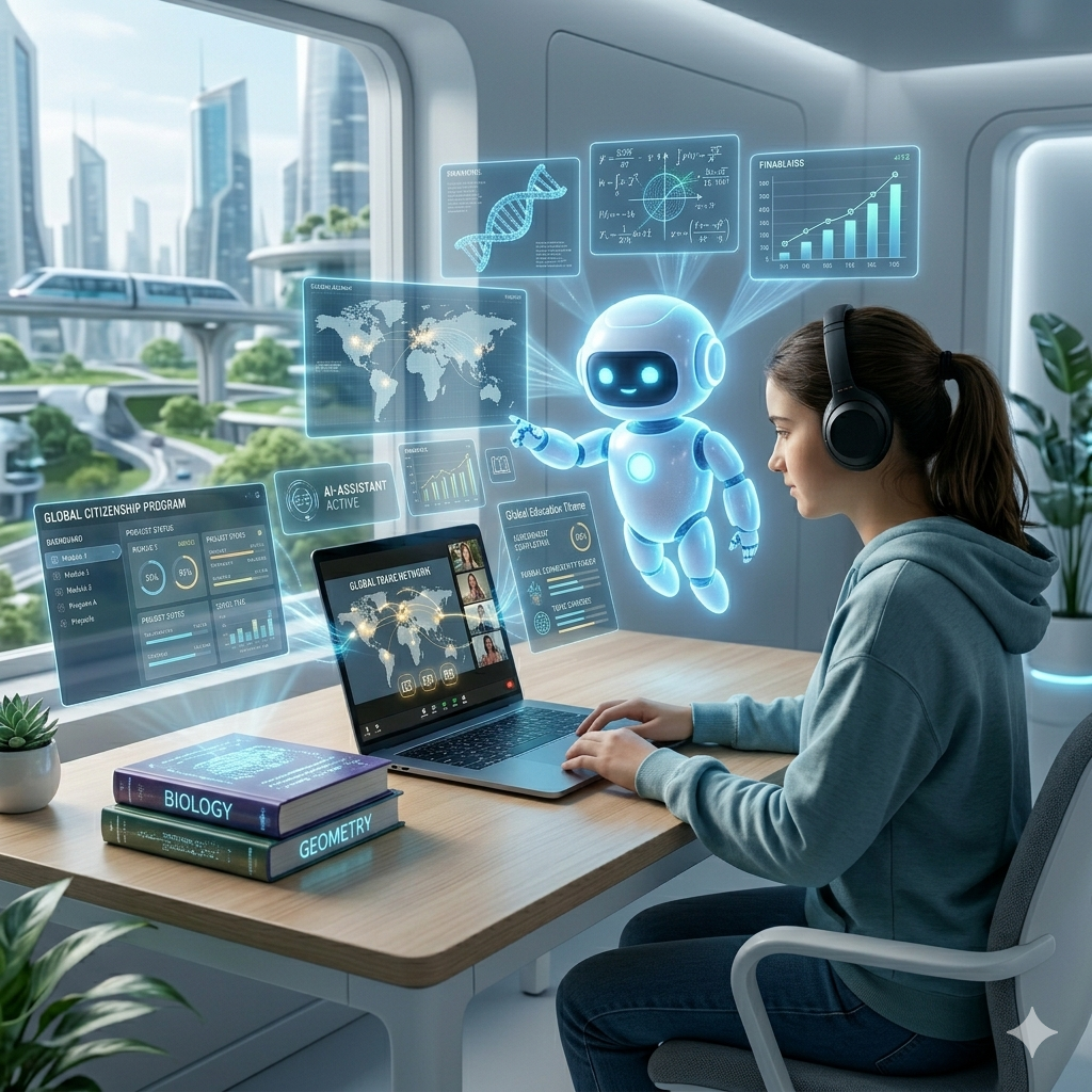 a girl learning through online school