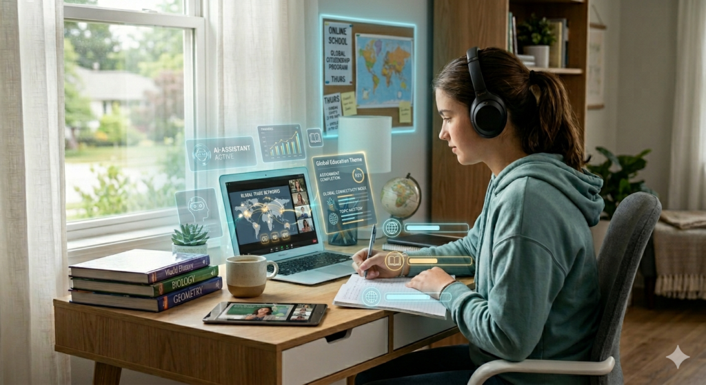a girl learning through online school