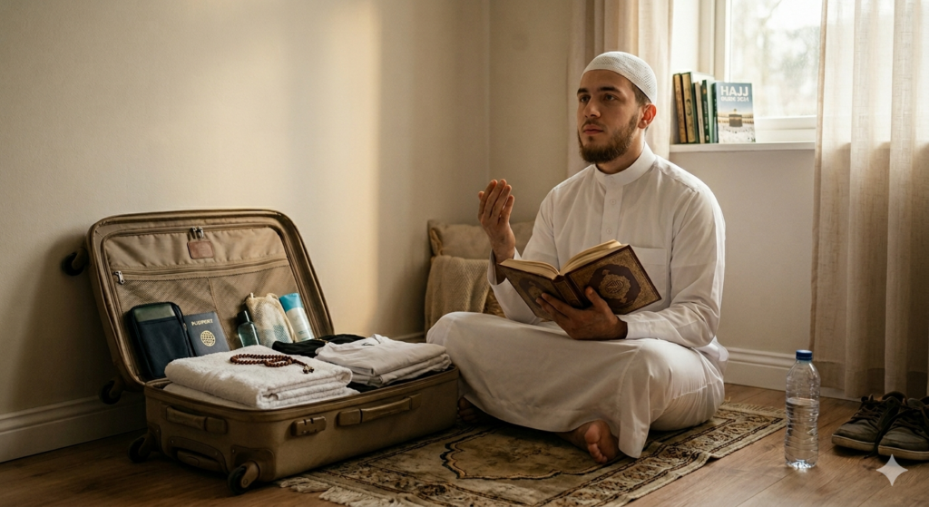 a person preparing for Hajj physically and spiritually