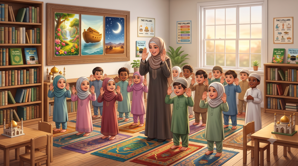 teacher practising prayers with children