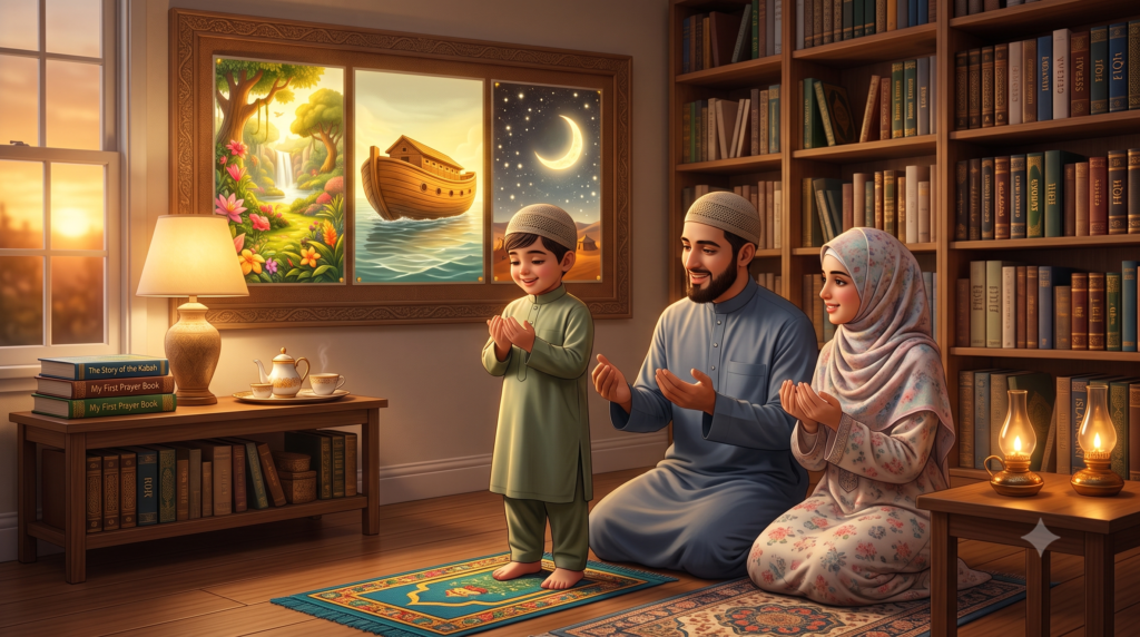 a kid and his family in prayers