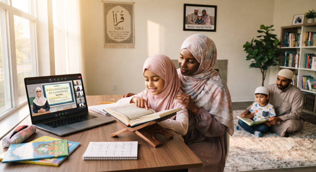 child during an online madrasa lesson at home