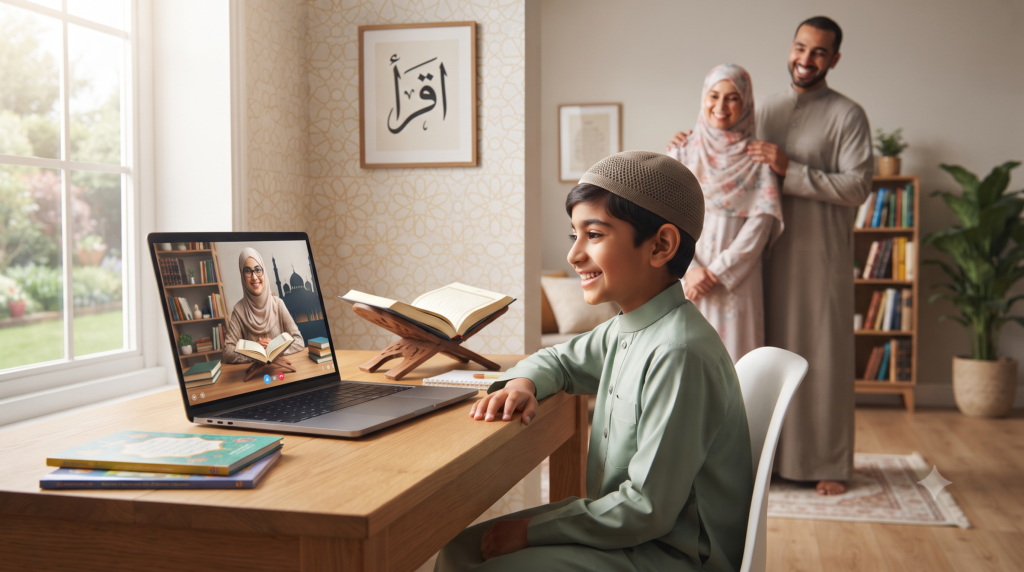 Muslim child attending a live online madrasa class