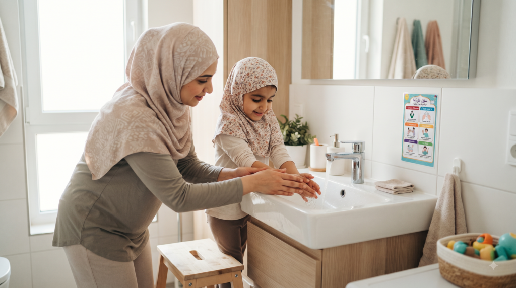 a mother helping her child to take wudu