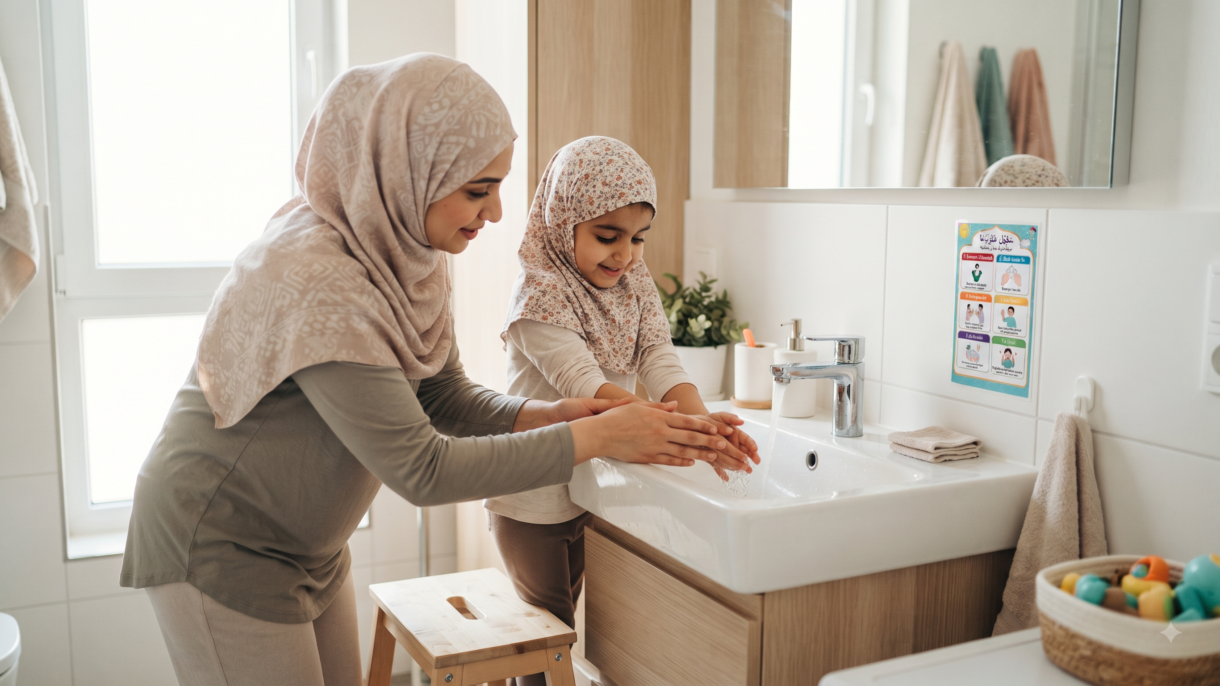 a mother helping her child to take wudu