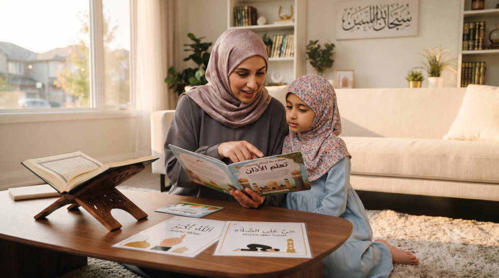 Parent teaching a child about the meaning and importance of the azan.