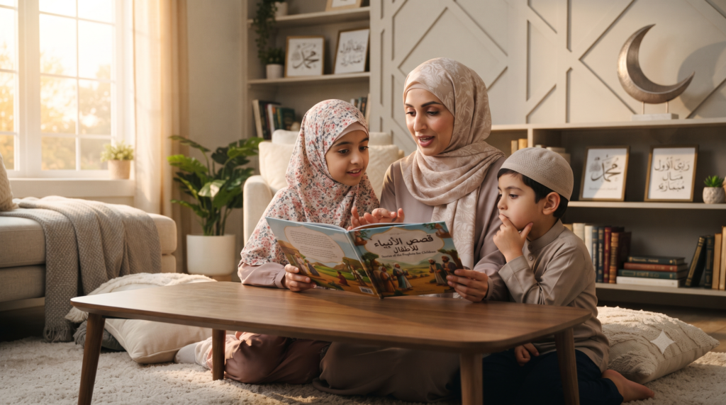 Parent teaching children about the Prophet ﷺ during Rabi ul Awal.