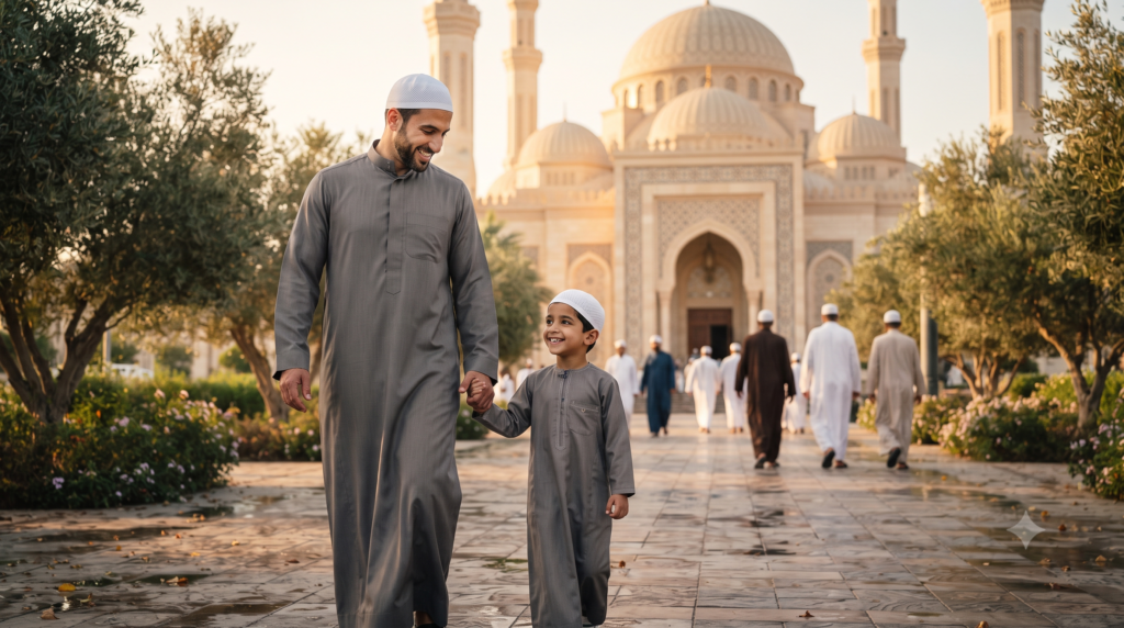 Father taking his child to the mosque for Jumuah prayer.