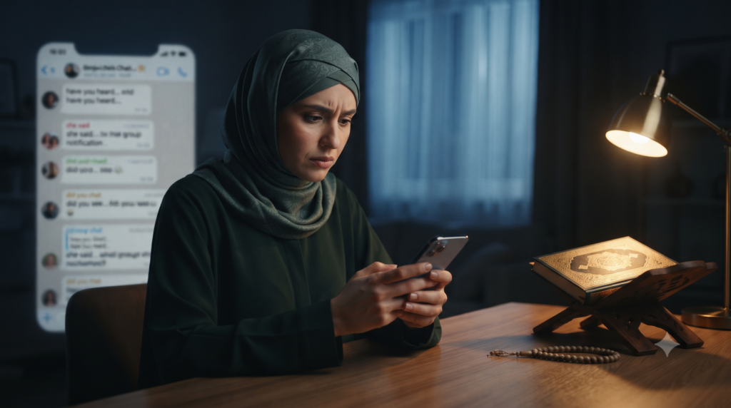 Muslim person reflecting before sending a message to avoid digital backbiting
