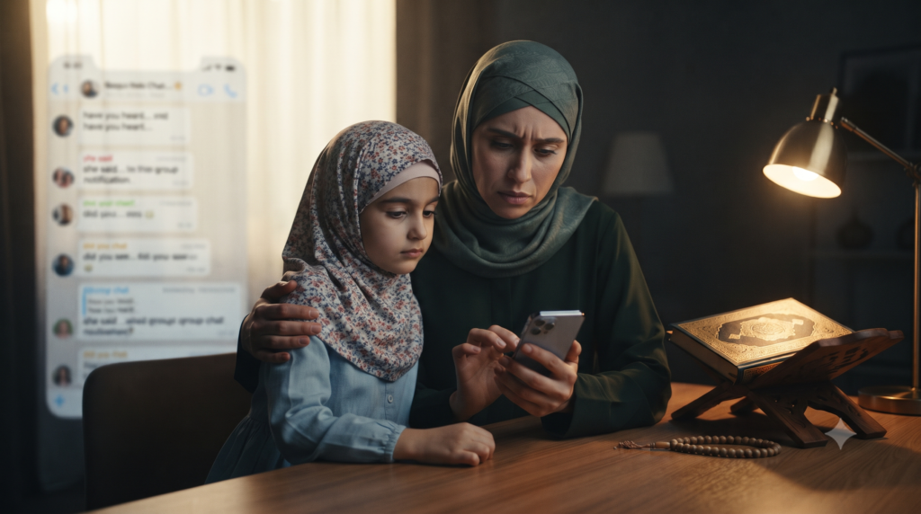 Parent teaching a child digital adab and avoiding online backbiting