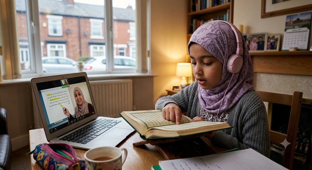Young Muslim girl in scarf reciting and learning Quran at home in the UK