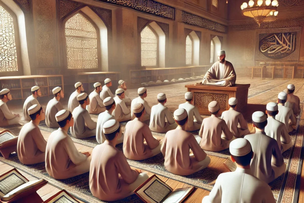 An image of students in a Madrassa setting, learning from a scholar.