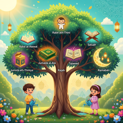 Gemini_Generated_Image_a551vwa551vwa551 Illustrated tree of faith showing six Islamic months from Rabīʿ al-Awwal to Ramadan, with icons for seerah, good manners, salah, tajweed, charity, and Ramadan, watered by two children—symbolizing growth through Islamic education for kids online.