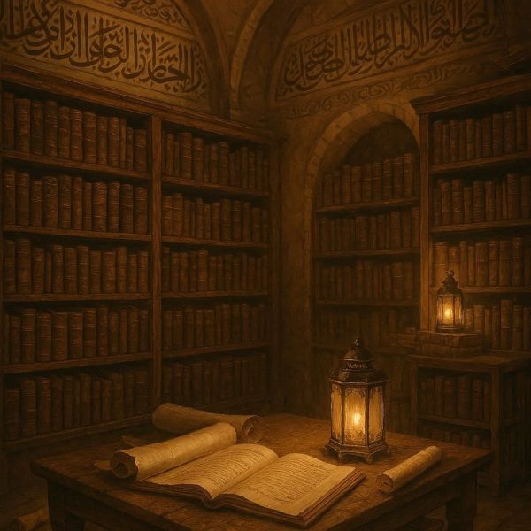 Ancient Islamic library with lanterns, scrolls, and open manuscripts, symbolizing how to learn Quran at home through traditional knowledge and study.