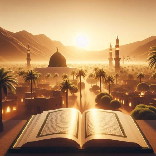An open Quran glowing in the golden sunrise, overlooking the serene Madinah skyline with the Prophet’s Mosque, symbolizing deep spiritual reflection and learning through learn quran reading online during Rabīʿ al-Awwal.
