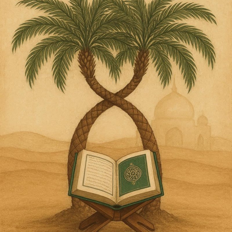 dates tree Equality and unity from the prophets life symbolized by palm trees, the Quran, and a mosque in the desert.