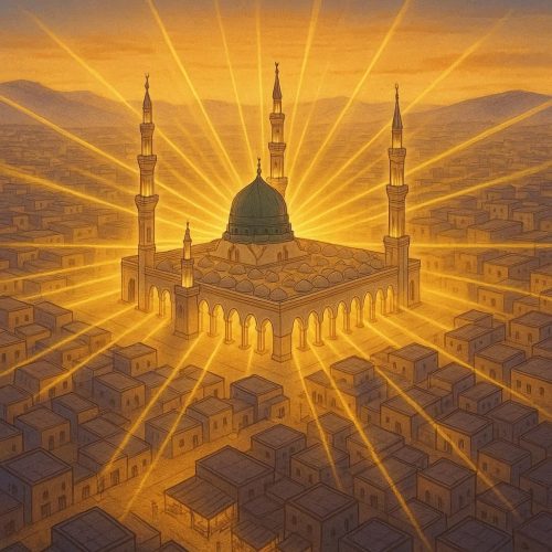 lighting madinah Unity and compassion from the prophets life symbolized by Masjid Nabawi glowing with radiant light.